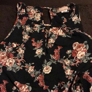 Floral Top. Black with Burgundy Flowers